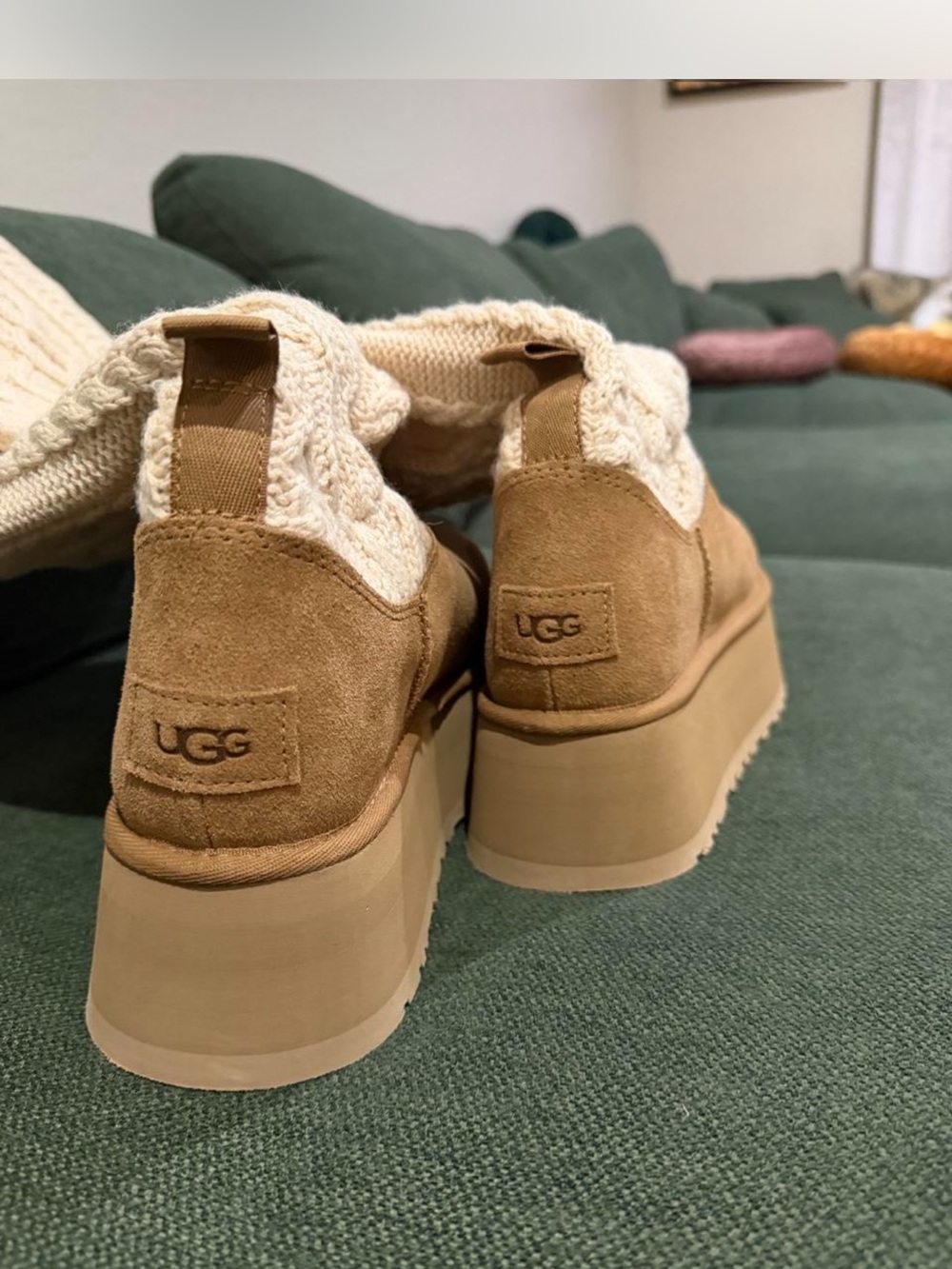 UGG Sweater Letter Cable Knit Tall Platform Boot in Chestnut and Cream - Picture 5 of 6